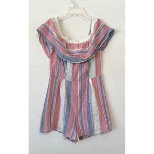 Entro Women's Off Shoulder Striped Romper‎ Pink Blue White Size Large
